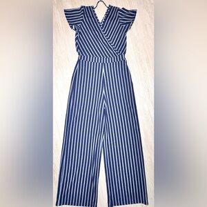 Blue Pepper Striped Jumpsuit S Boho Wide Leg Wrap Navy Summer Romper